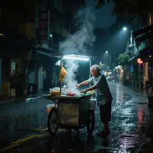 Rain-slicked Singapore street, 3 AM. A lone elderly hawker cleans his cart under one flickering fluorescent light. Steam rises gently. Low-angle shot, photorealistic - Bytedance Seedream 3.0