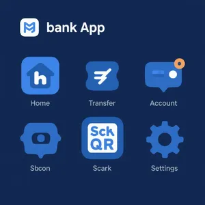Set of 5 consistent flat design icons for a mobile banking app: 'Home', 'Transfer', 'Account', 'Scan QR', 'Settings'. Monochrome dark blue. - Bytedance Seedream 3.0