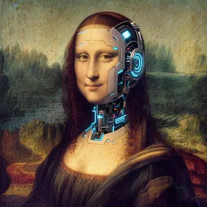 The Mona Lisa reimagined as a futuristic android, rendered in a digital art style that preserves Da Vinci's composition while incorporating sleek cyberpunk aesthetics and technological elements. - Bytedance Seedream 3.0
