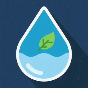Visual element for an infographic about water conservation. Stylized water droplet icon containing a small green leaf, clean vector art. - Bytedance Seedream 3.0