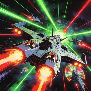 A 90s anime-style space battle scene with giant starships and laser beams. - Bytedance Seedream 4.5