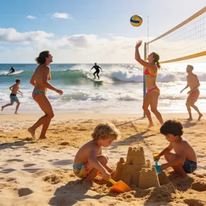 A beach scene: adults playing volleyball, kids building sandcastles, and surfers riding waves. - Bytedance Seedream 4.5