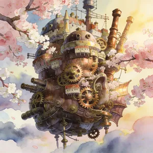 A floating steampunk castle in the sky with intricate mechanical gears and cherry blossom trees, illustrated in Hayao Miyazaki's Castle in the Sky (1986) art style with watercolor textures and detailed line work. - Bytedance Seedream 4.5