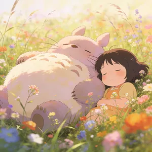 A girl and a giant fluffy creature napping in a wildflower meadow. Reproduce the art style of 'My Neighbor Totoro' by Studio Ghibli, with Miyazaki's soft character designs. - Bytedance Seedream 4.5