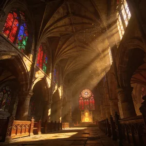 A Gothic cathedral interior at sunset with light streaming through detailed stained glass windows, creating colored patterns on stone floors and columns. Show accurate ribbed vaulting. - Bytedance Seedream 4.5