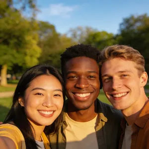 A group selfie of three friends of different ethnic backgrounds smiling at the camera. - Bytedance Seedream 4.5