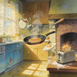 A kitchen with magical cooking implements preparing breakfast. Duplicate the artistic style of Studio Ghibli's domestic scenes, with Miyazaki's detailed settings and warm lighting. - Bytedance Seedream 4.5