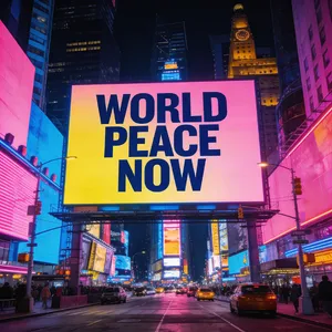 A large storefront billboard at Times Square displaying the slogan “WORLD PEACE NOW” in bold, clear letters, amidst a vibrant cityscape at night. - Bytedance Seedream 4.5