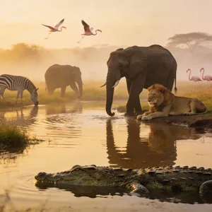 A misty dawn at an African savanna watering hole where elephants, lions, and zebras coexist in tense harmony, with a crocodile partially submerged in the foreground and flamingos taking flight in the background, golden hour lighting. - Bytedance Seedream 4.5