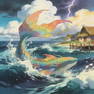 A sea creature rising from a stormy ocean near a village. Replicate the visual style of 'Ponyo' by Studio Ghibli, with Miyazaki's fluid water animations and vibrant creatures. - Bytedance Seedream 4.5