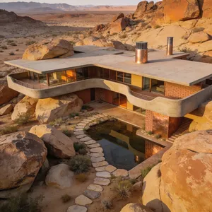 Aerial view of a modernist desert home, in the style of Frank Lloyd Wright's Fallingwater but adapted to desert conditions. Show integration with rocky landscape and water features. - Bytedance Seedream 4.5