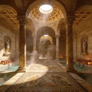 An ancient Roman bathhouse interior with accurate architectural details - marble columns, mosaic floors, arched ceilings, and steam rising from pools. Natural light from oculus openings. - Bytedance Seedream 4.5