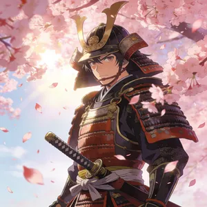 An anime-style portrait of a samurai standing under pink cherry blossoms. - Bytedance Seedream 4.5