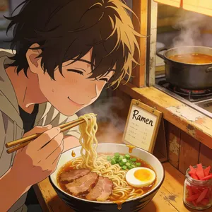 An anime scene of a character eating ramen at a small shop counter (slice-of-life style). - Bytedance Seedream 4.5