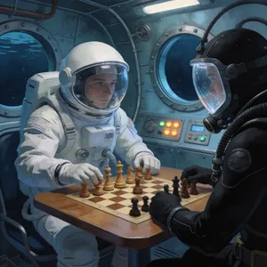 An astronaut and a deep-sea diver playing chess together inside a submarine. - Bytedance Seedream 4.5