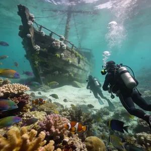 An underwater scene with scuba divers exploring a coral reef alongside colorful fish and a sunken ship. - Bytedance Seedream 4.5