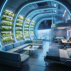 Interior of a futuristic space habitat with hydroponics gardens, communal areas, and living quarters. Show curved walls, artificial gravity considerations, and multipurpose furniture designs. - Bytedance Seedream 4.5