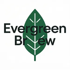 Minimalist logo for a sustainable coffee brand 'Evergreen Brew', single leaf motif, clean lines, vector style, white background. 'Evergreen Brew' contained as text in logo - Bytedance Seedream 4.5