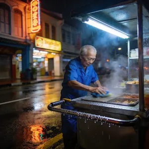 Rain-slicked Singapore street, 3 AM. A lone elderly hawker cleans his cart under one flickering fluorescent light. Steam rises gently. Low-angle shot, photorealistic - Bytedance Seedream 4.5