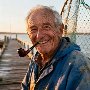A 4K photo of an old fisherman with a weathered face and a pipe, grinning. - Bytedance Seedream 4.0