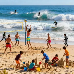 A beach scene: adults playing volleyball, kids building sandcastles, and surfers riding waves. - Bytedance Seedream 4.0