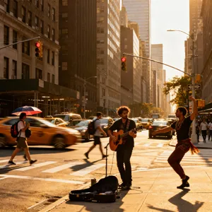A busy city intersection with cars, pedestrians, and street performers all in one frame. - Bytedance Seedream 4.0