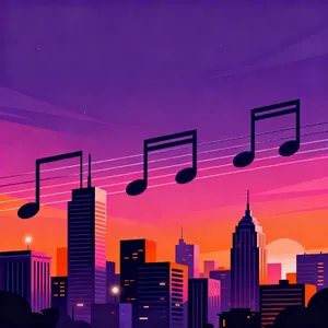 A city skyline that forms the shape of musical notes on a staff, created in a stylized graphic design aesthetic with clean architectural lines and dramatic twilight colors. - Bytedance Seedream 4.0