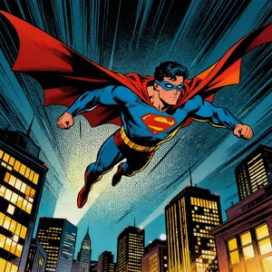 A comic-book style superhero flying over a city at night, with halftone shading. - Bytedance Seedream 4.0