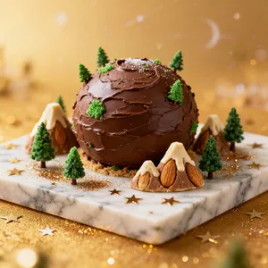 A dessert cake that looks like a tiny planet, complete with miniature trees and mountains, photographed in a professional food photography style with tilt-shift focus effect. - Bytedance Seedream 4.0