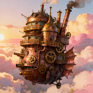 A flying castle floating in clouds at sunrise. Match the visual aesthetic of 'Howl's Moving Castle' by Studio Ghibli, with Miyazaki's blend of steampunk elements and fantasy. - Bytedance Seedream 4.0