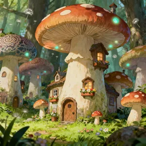 A forest of giant mushrooms with houses built on top of them, rendered in a whimsical Studio Ghibli-inspired art style with vibrant colors and fantastical details. - Bytedance Seedream 4.0