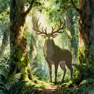 A forest spirit standing among tall trees. Replicate the artistic style of 'Princess Mononoke' by Studio Ghibli, with Miyazaki's detailed environments and mystical creature design. - Bytedance Seedream 4.0