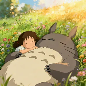 A girl and a giant fluffy creature napping in a wildflower meadow. Reproduce the art style of 'My Neighbor Totoro' by Studio Ghibli, with Miyazaki's soft character designs. - Bytedance Seedream 4.0