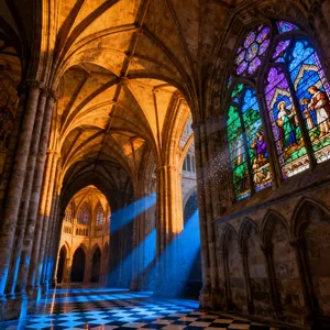 A Gothic cathedral interior at sunset with light streaming through detailed stained glass windows, creating colored patterns on stone floors and columns. Show accurate ribbed vaulting. - Bytedance Seedream 4.0