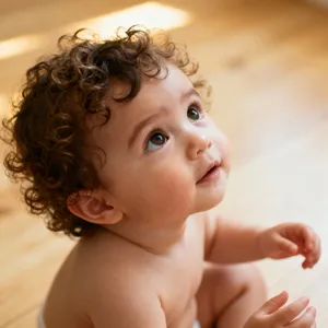 A hyper-realistic photo of a toddler with curly hair and big eyes, looking upward. - Bytedance Seedream 4.0