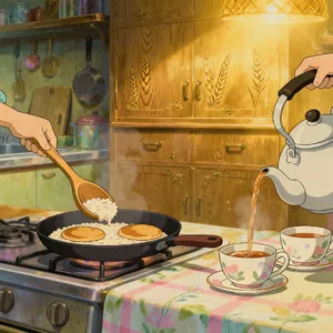 A kitchen with magical cooking implements preparing breakfast. Duplicate the artistic style of Studio Ghibli's domestic scenes, with Miyazaki's detailed settings and warm lighting. - Bytedance Seedream 4.0