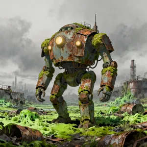 A mechanical creature in a polluted landscape. Capture the visual aesthetic of 'Nausicaä' by Studio Ghibli, with Miyazaki's mechanical designs and environmental contrast. - Bytedance Seedream 4.0