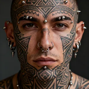 A portrait of a person with elaborate facial tattoos and piercings, shown in sharp detail. - Bytedance Seedream 4.0