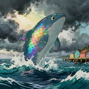 A sea creature rising from a stormy ocean near a village. Replicate the visual style of 'Ponyo' by Studio Ghibli, with Miyazaki's fluid water animations and vibrant creatures. - Bytedance Seedream 4.0
