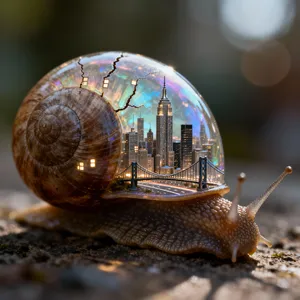 A snail whose shell contains a miniature city skyline, depicted in a hyperrealistic macro photography style with intricate architectural details and ambient lighting. - Bytedance Seedream 4.0