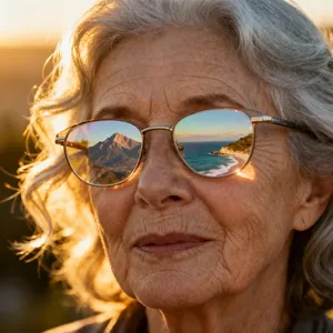 A ultra high-resolution portrait of an elderly woman with silver hair and bifocal glasses, each lens reflecting a distant landscape, captured in warm late-afternoon sunlight - Bytedance Seedream 4.0