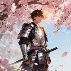 An anime-style portrait of a samurai standing under pink cherry blossoms. - Bytedance Seedream 4.0