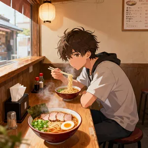 An anime scene of a character eating ramen at a small shop counter (slice-of-life style). - Bytedance Seedream 4.0