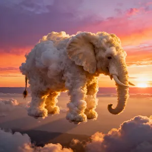An elephant made of clouds floating in a sunset sky, rendered in a surrealist photorealistic style with ethereal golden lighting and atmospheric depth. - Bytedance Seedream 4.0