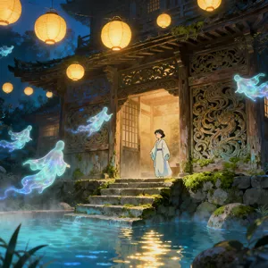 An enchanted bathhouse with glowing lanterns and spirits. Recreate the visual style of 'Spirited Away' by Studio Ghibli, with Miyazaki's ornate architecture and magical atmosphere. - Bytedance Seedream 4.0