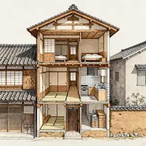 Cutaway architectural drawing of a traditional Japanese machiya townhouse showing all rooms and structural elements. Include accurate proportions, traditional joinery, and typical spatial organization. - Bytedance Seedream 4.0