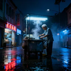 Rain-slicked Singapore street, 3 AM. A lone elderly hawker cleans his cart under one flickering fluorescent light. Steam rises gently. Low-angle shot, photorealistic - Bytedance Seedream 4.0