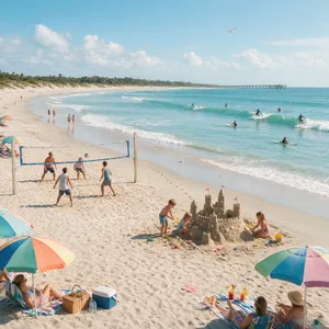 A beach scene: adults playing volleyball, kids building sandcastles, and surfers riding waves. - Bytedance Seedream 5.0 Pro