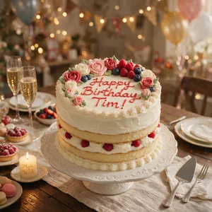 A birthday cake with icing that spells 