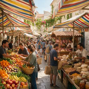 A bustling market scene with dozens of people buying and selling goods. - Bytedance Seedream 5.0 Pro